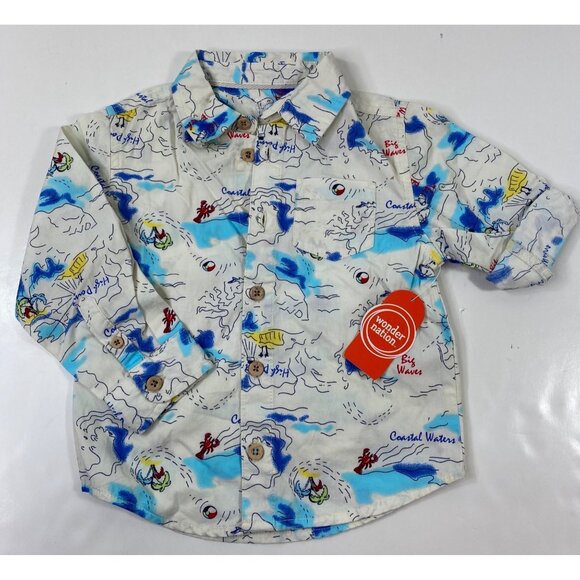 Wonder Nation Toddler Boys White Beach Themed Long Sleeve Button Shirt Size 2T - Picture 2 of 6